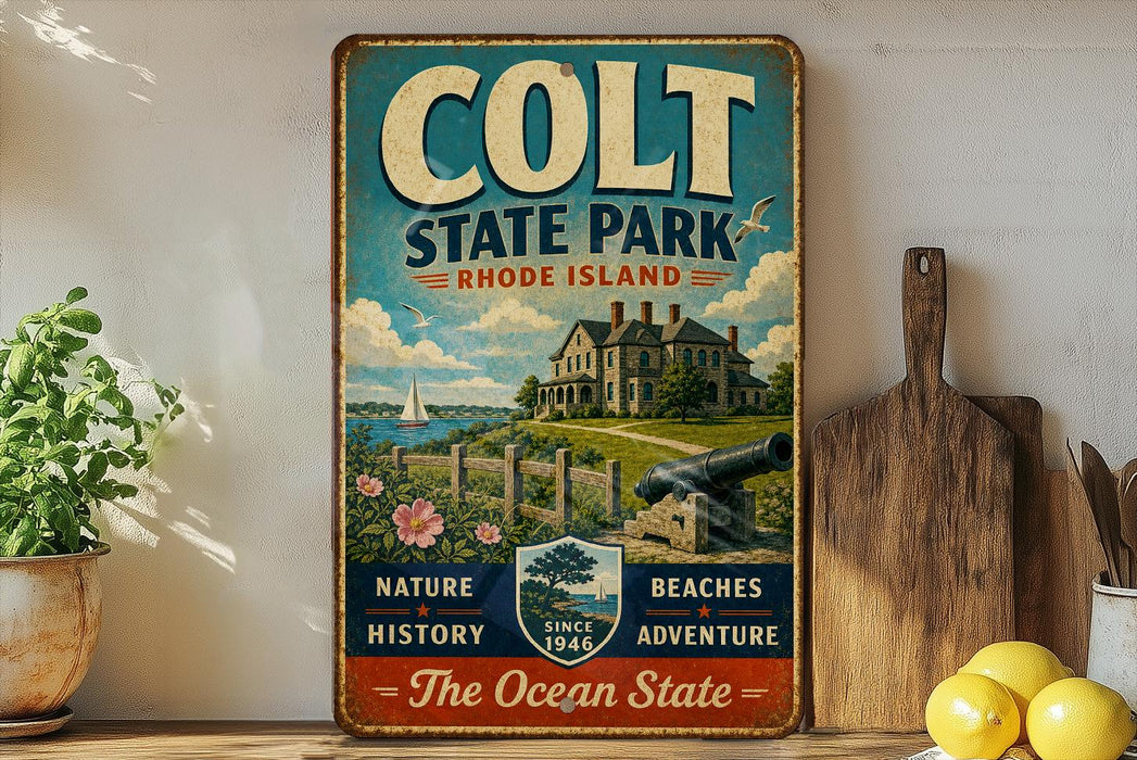 A vintage-style metal sign for "Colt State Park, Rhode Island" featuring a house, a sailboat, and a lighthouse, with the text "NATURE, HISTORY, BEACHES, ADVENTURE - The Ocean State" and "CORTON, RI" on it. The sign is displayed on a shelf next to a potted plant and a wooden cutting board, with a lemon and a knife visible in the background.