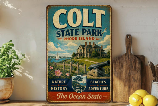 A vintage-style metal sign for "Colt State Park, Rhode Island" featuring a house, a sailboat, and a lighthouse, with the text "NATURE, HISTORY, BEACHES, ADVENTURE - The Ocean State" and "CORTON, RI" on it. The sign is displayed on a shelf next to a potted plant and a wooden cutting board, with a lemon and a knife visible in the background.