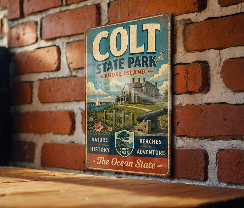 A vintage metal sign for Colt State Park in Rhode Island, featuring a scenic illustration of a house, a lighthouse, and a ship, mounted on a brick wall.