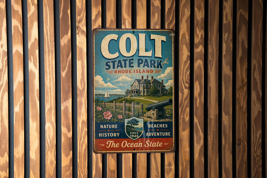 A vintage metal sign for Colt State Park in Rhode Island, featuring a scenic illustration of the park and its surroundings.