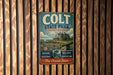 A vintage metal sign for Colt State Park in Rhode Island, featuring a scenic illustration of the park and its surroundings.