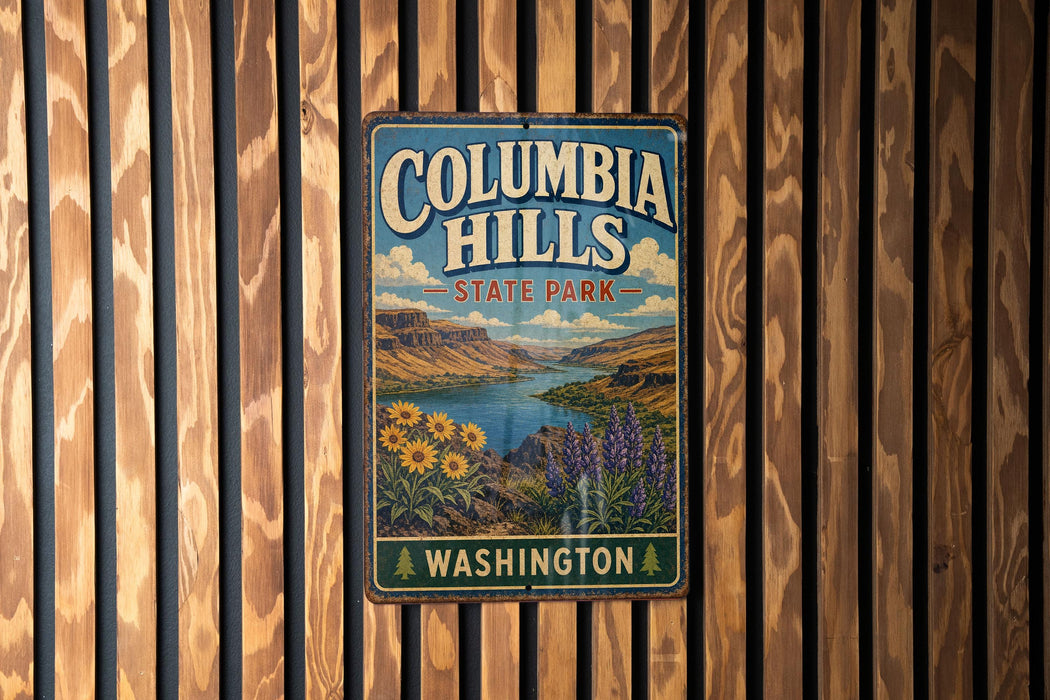 A vintage metal sign for Columbia Hills State Park in Washington, featuring a scenic landscape with mountains, a lake, and sunflowers.