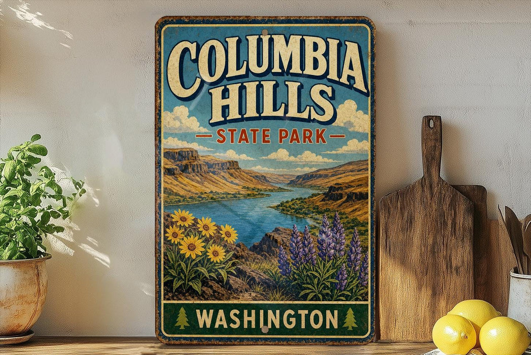 A vintage-style sign for Columbia Hills State Park in Washington, featuring a scenic landscape with mountains, a river, and flowers.