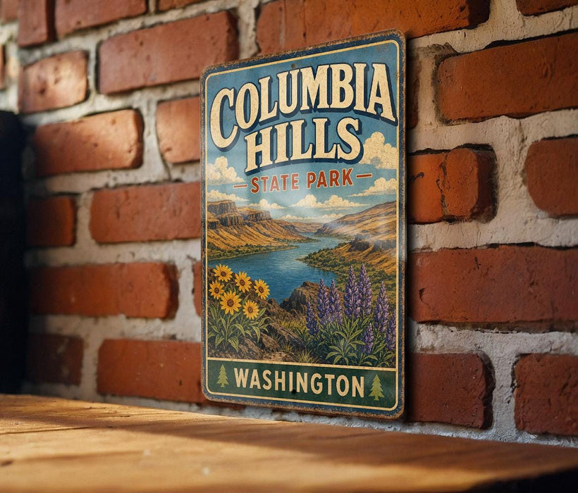 A vintage-style metal sign for Columbia Hills State Park in Washington, featuring a scenic landscape with mountains, water, and flowers.