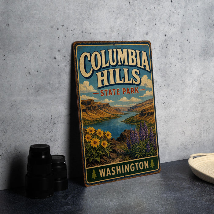 A vintage-style metal sign for Columbia Hills State Park in Washington, featuring a scenic landscape with mountains, a river, and flowers.