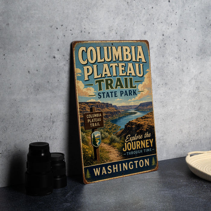 A vintage-style metal sign for Columbia Plateau Trail, located in Washington State Park, with a scenic mountain landscape in the background.