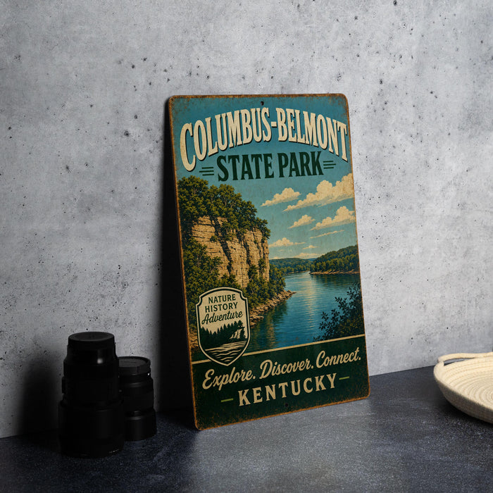 A vintage-style sign for Columbus-Belmont State Park in Kentucky, featuring a scenic image of the park's natural landscape.