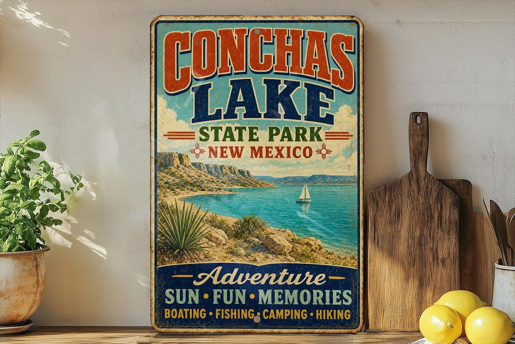 A vintage-style sign for Conchas Lake State Park in New Mexico, featuring a scenic image of the lake and mountains.