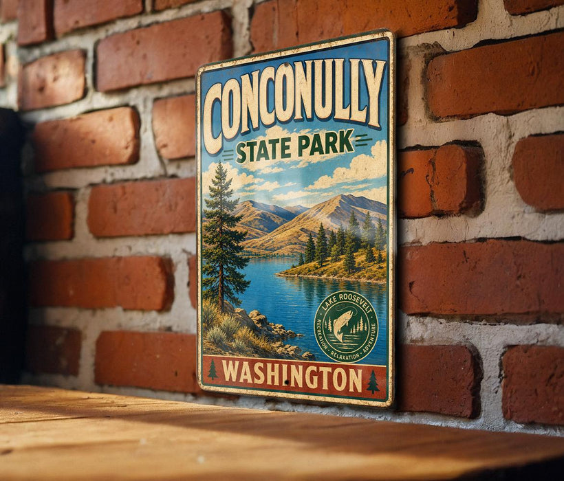 A vintage metal sign for Conconally State Park in Washington, featuring a scenic landscape with mountains, a lake, and pine trees.