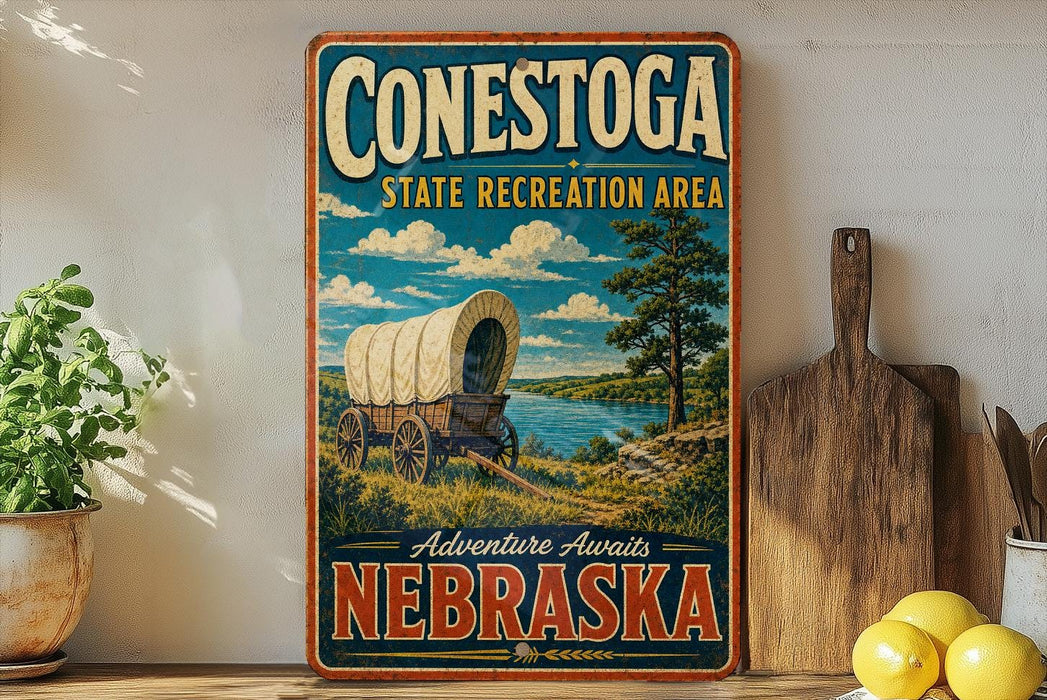 A vintage-style sign for Conestoga State Recreation Area in Nebraska, featuring a wagon on a grassy field with a river in the background.