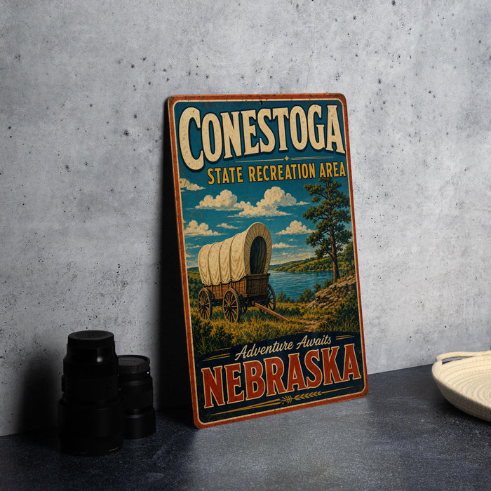 A vintage-style metal sign for Conestoga State Recreation Area in Nebraska, featuring an illustration of a covered wagon on a trail.