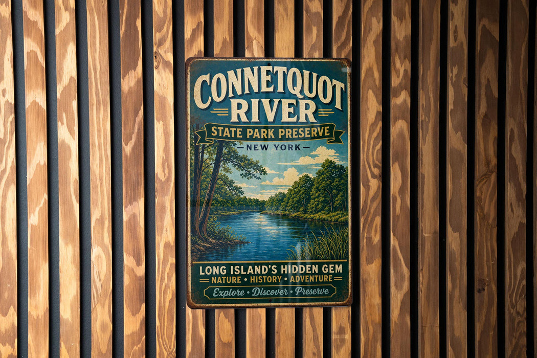 A vintage metal sign for the Connecticut River State Park Preserve in New York, featuring a scenic illustration of the river surrounded by trees and a cloudy sky.
