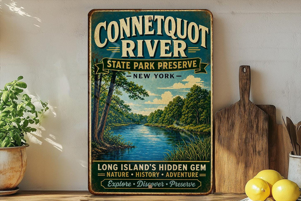 A vintage-style sign for Connecticut River State Park Preserve, featuring a scenic image of the river surrounded by trees and mountains.