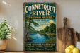 A vintage-style sign for Connecticut River State Park Preserve, featuring a scenic image of the river surrounded by trees and mountains.