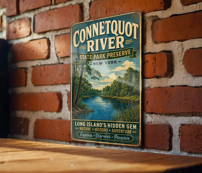 A vintage-style metal sign for the Connecticut River State Park Preserve in New York, featuring a scenic image of the river surrounded by lush greenery.