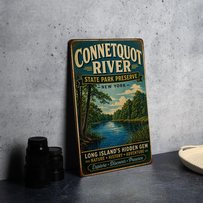 A vintage-style sign for the Connecticut River State Park, featuring a scenic illustration of the river surrounded by trees and a cloudy sky.