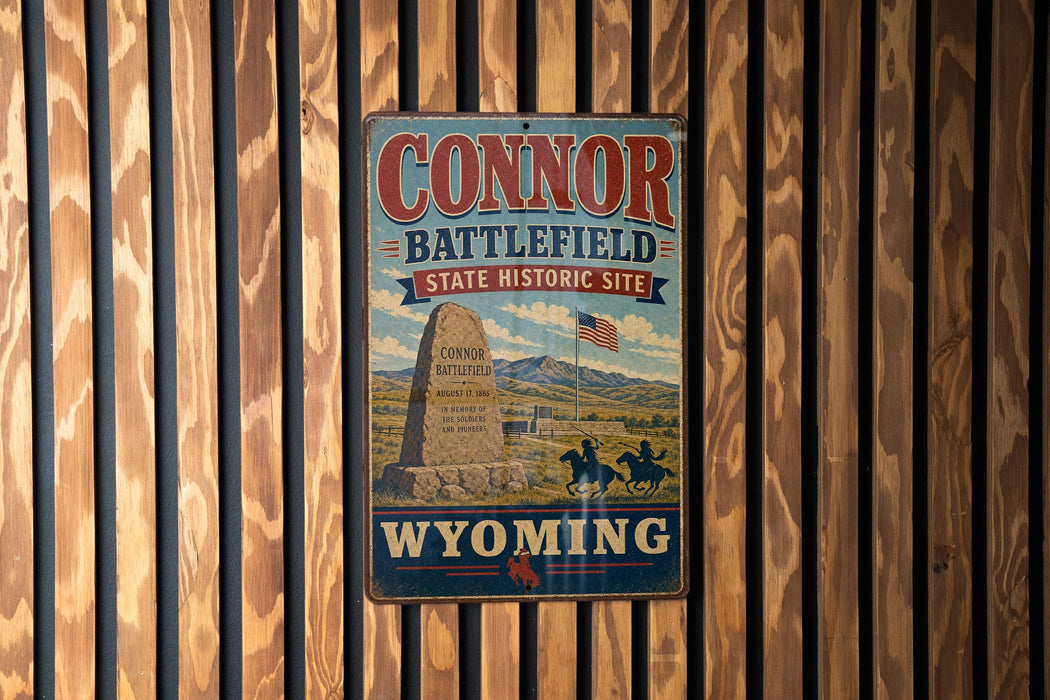 A vintage metal sign for the "Connor Battlefield State Historic Site" in Wyoming, featuring a monument and a horse-drawn carriage.