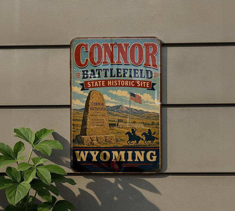 a vintage-style sign for the "Connor Battlefield State Historic Site" in Wyoming, with a mountain landscape and two figures riding horses.