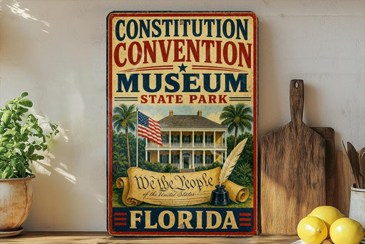a vintage-style sign for the Constitution Convention Museum in Florida, with a large American flag and a house illustration.