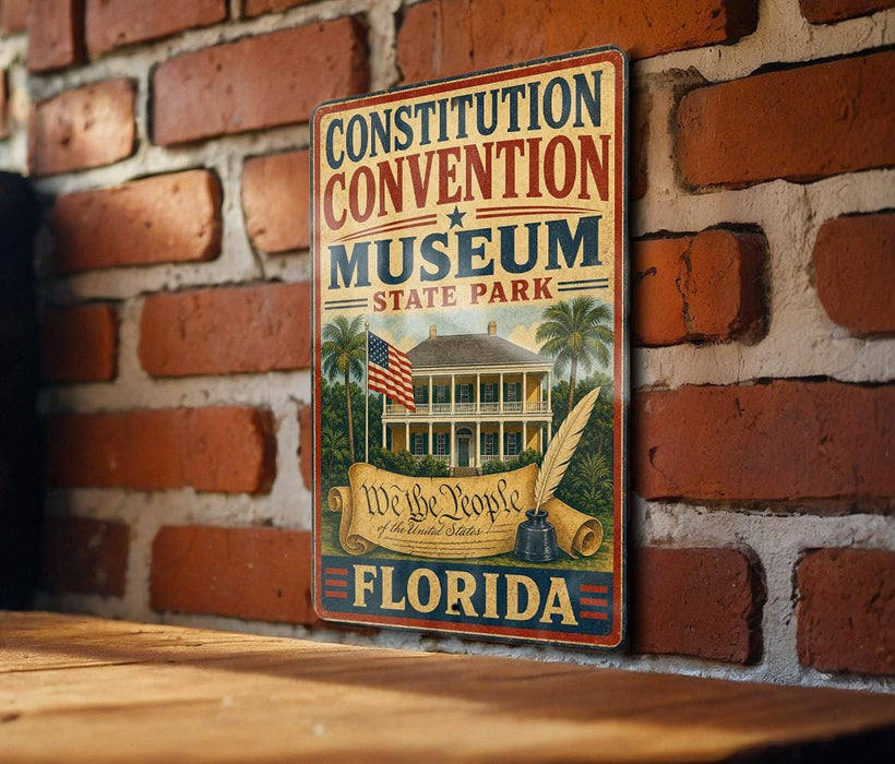 A vintage-style metal sign for the Constitution Convention Museum in Florida, featuring an illustration of a historic building and an American flag.