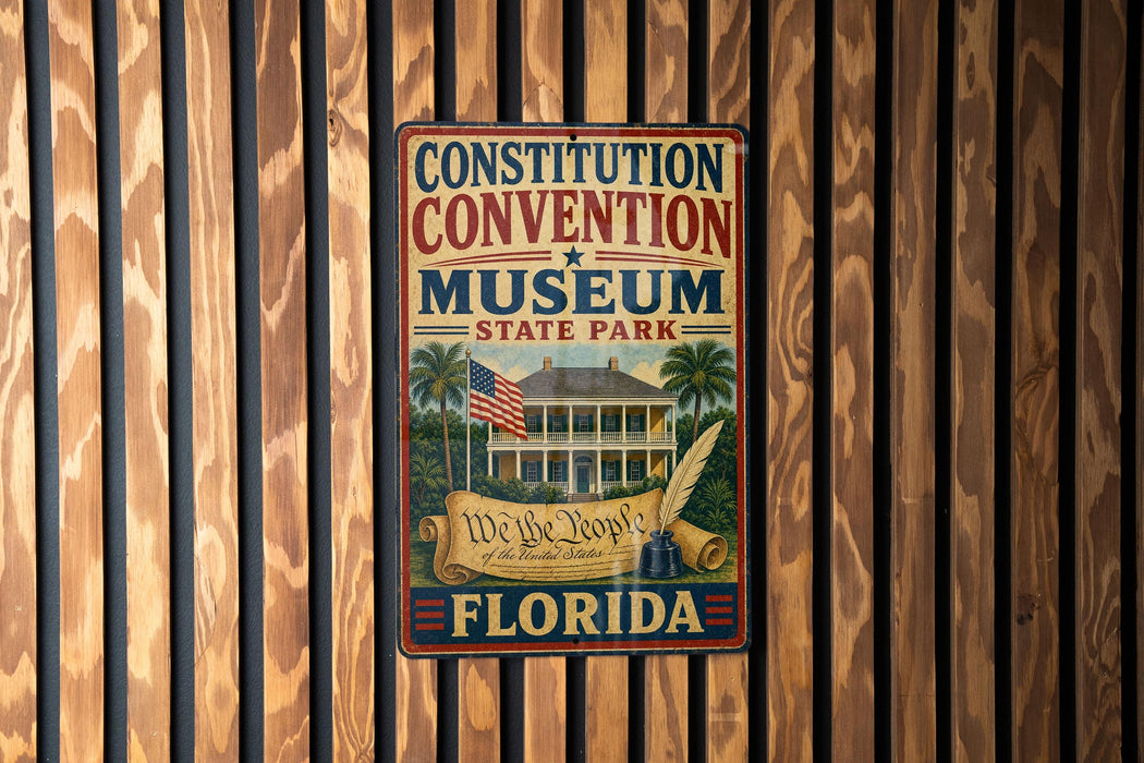 A metal sign for the Constitution Convention Museum in Florida, featuring an illustration of a historic building and a feather quill.