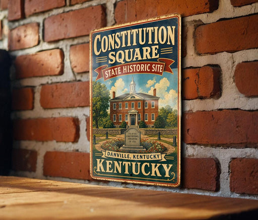A vintage-style metal sign for the Constitution Square State Historic Site in Danville, Kentucky, featuring an illustration of a historic building surrounded by trees and a monument.