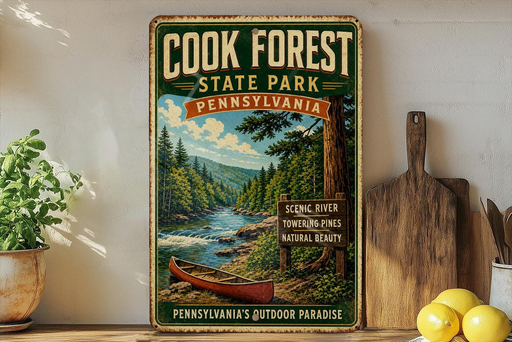 A vintage-style metal sign for Cook Forest State Park in Pennsylvania, featuring a scenic image of a river and pine trees.