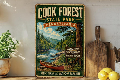 A vintage-style metal sign for Cook Forest State Park in Pennsylvania, featuring a scenic image of a river and pine trees.