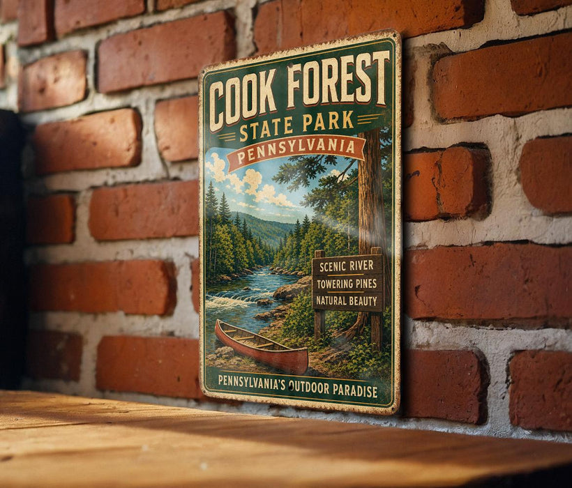 A vintage-style metal sign for Cook Forest State Park in Pennsylvania, featuring a scenic image of a river and pine trees.