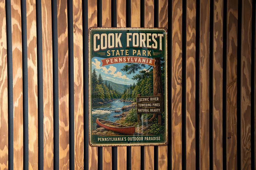 A vintage-style metal sign for Cook Forest State Park in Pennsylvania, featuring a scenic river and pine trees, is displayed on a wooden wall.