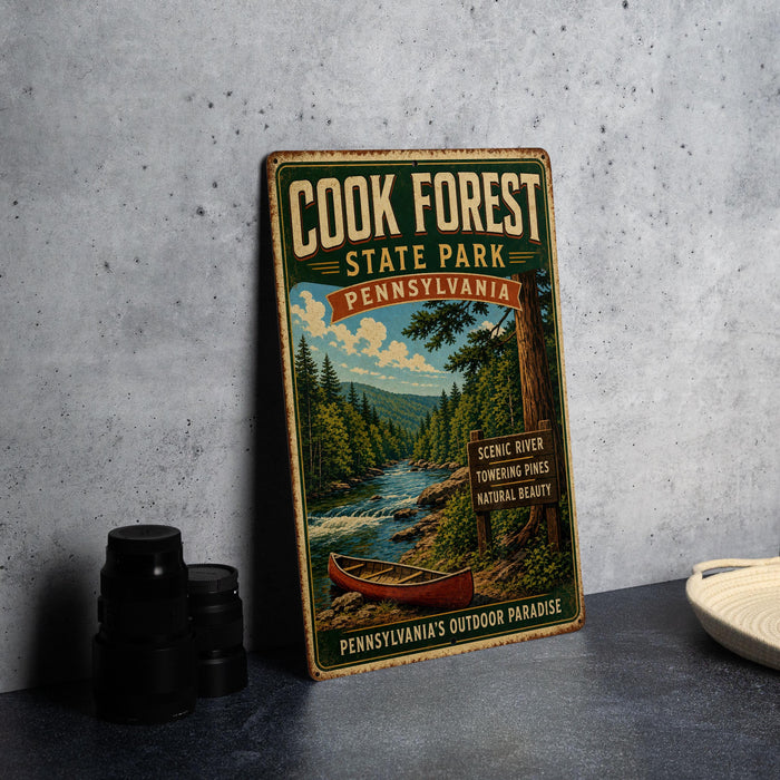 A vintage-style metal sign for Cook Forest State Park in Pennsylvania, featuring a scenic river and pine trees, is displayed on a gray countertop next to a stack of black camera lenses.