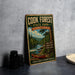 A vintage-style metal sign for Cook Forest State Park in Pennsylvania, featuring a scenic river and pine trees, is displayed on a gray countertop next to a stack of black camera lenses.