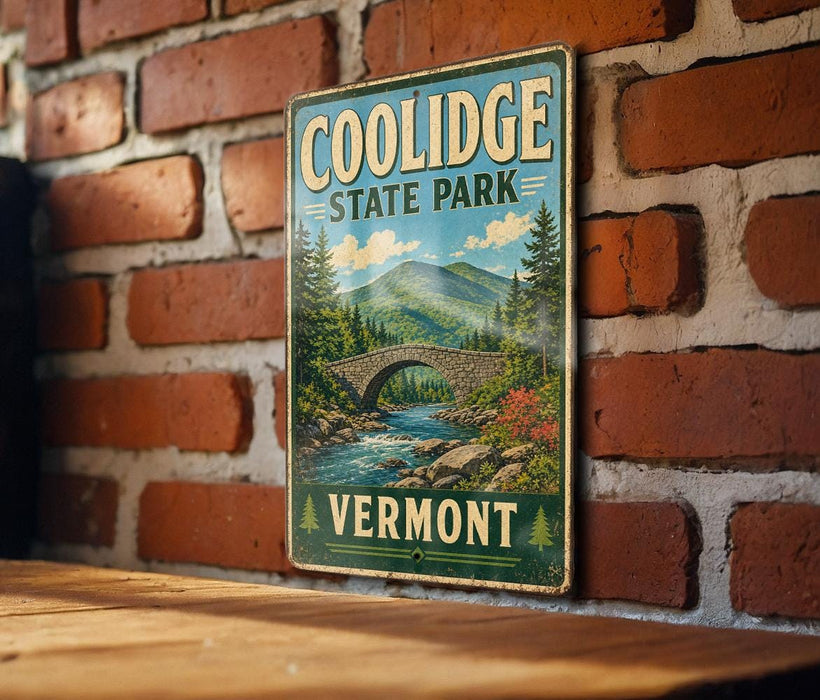 A vintage-style sign for Coolidge State Park in Vermont, featuring a scenic illustration of a bridge over a river surrounded by mountains and pine trees.