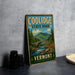 A vintage-style sign for Coolidge State Park in Vermont, featuring a scenic landscape with a bridge and mountains in the background.