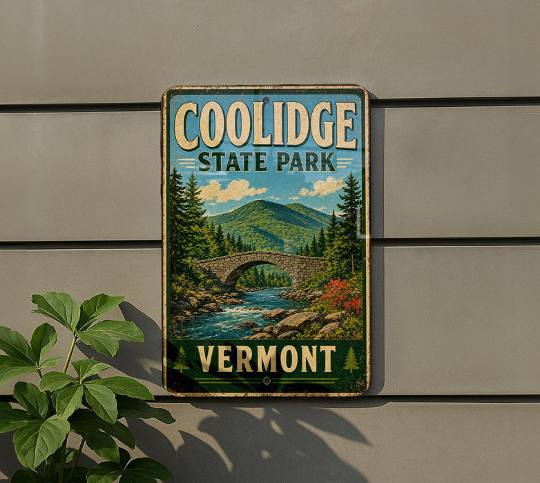 A vintage metal sign for Coolidge State Park in Vermont, featuring a scenic landscape with a bridge and mountains.