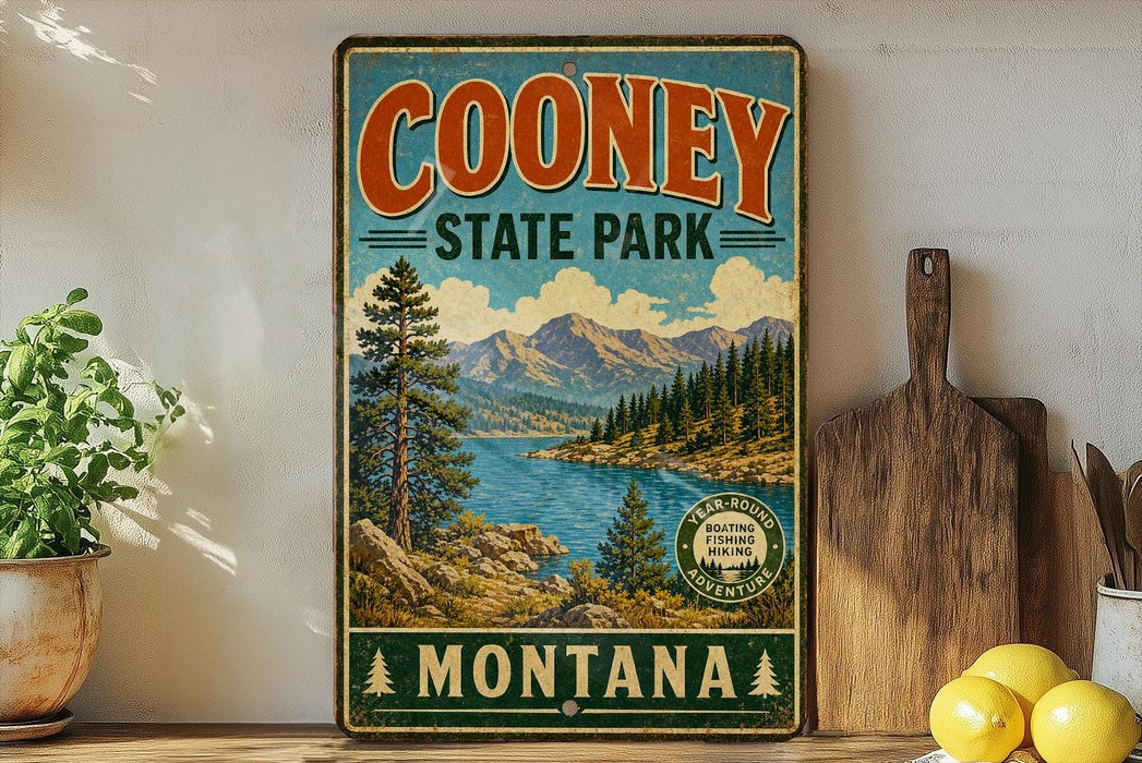 A vintage-style sign for Cooney State Park in Montana, featuring a scenic mountain landscape with a lake and pine trees.