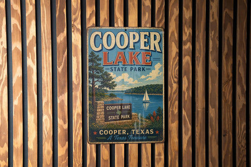 A vintage metal sign for Cooper Lake State Park in Texas, featuring a scenic illustration of the lake and surrounding landscape.