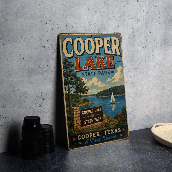 A vintage-style metal sign for Cooper Lake State Park, featuring a scenic illustration of the lake and surrounding landscape.