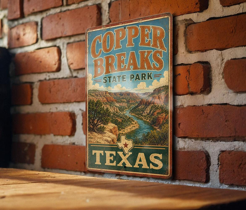 A vintage-style metal sign for Copper Breaks State Park in Texas, featuring a scenic landscape with a river and mountains.