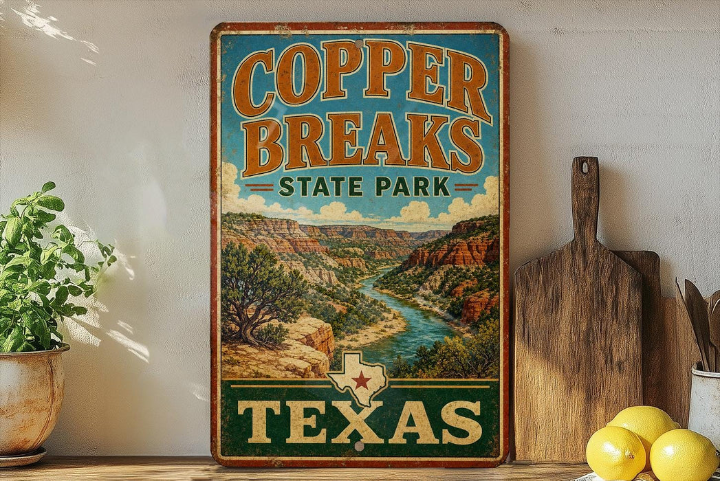 A vintage-style sign for Copper Breaks State Park in Texas, featuring a scenic landscape with a river and mountains.