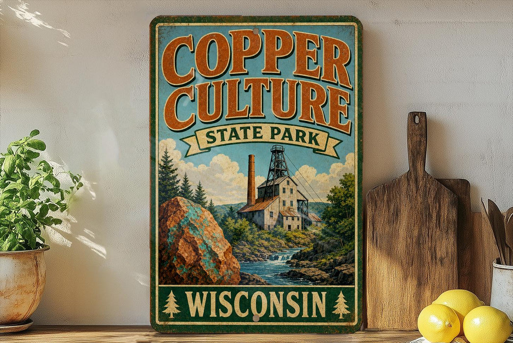A vintage-style sign for Copper Culture State Park in Wisconsin, featuring a scenic illustration of a mining town and a river.