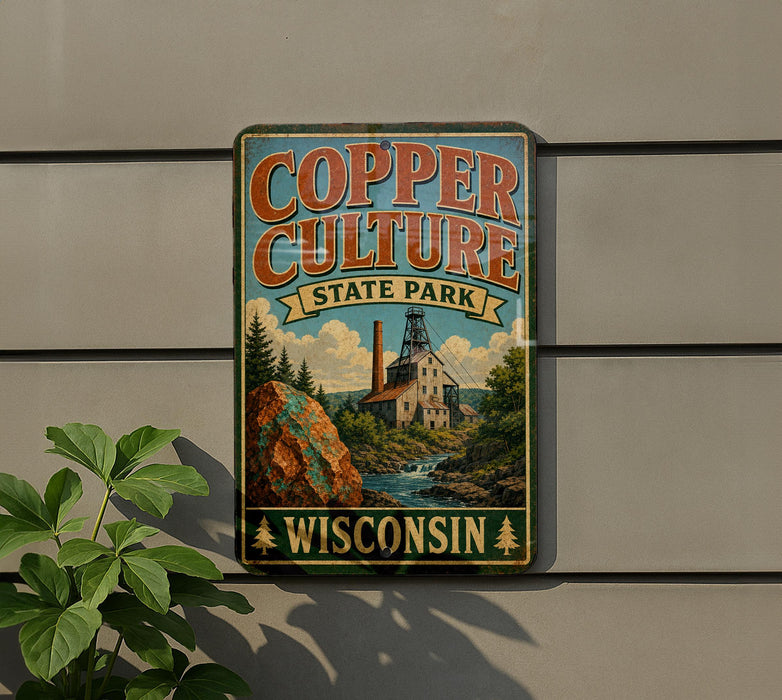 A vintage-style sign for Copper Culture State Park in Wisconsin, featuring a scenic illustration of a mining operation and a mountain landscape.