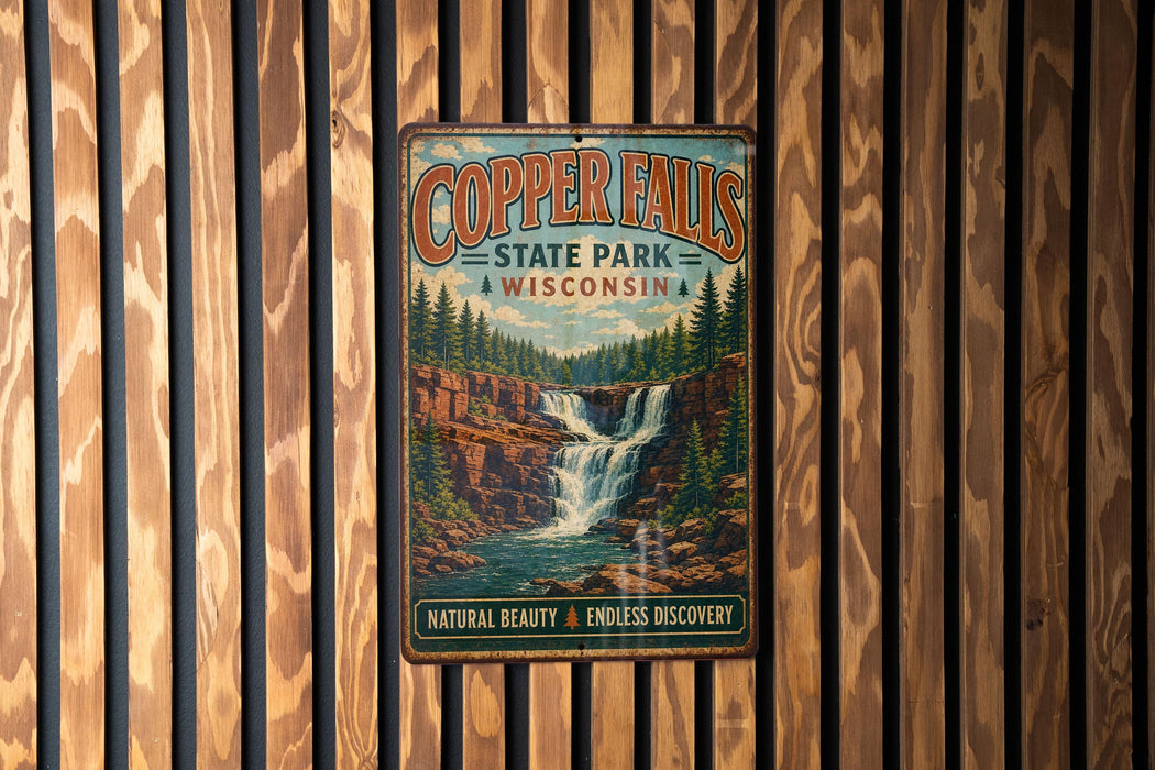 A vintage-style metal sign for Copper Falls State Park in Wisconsin, featuring a scenic image of the waterfall surrounded by pine trees.