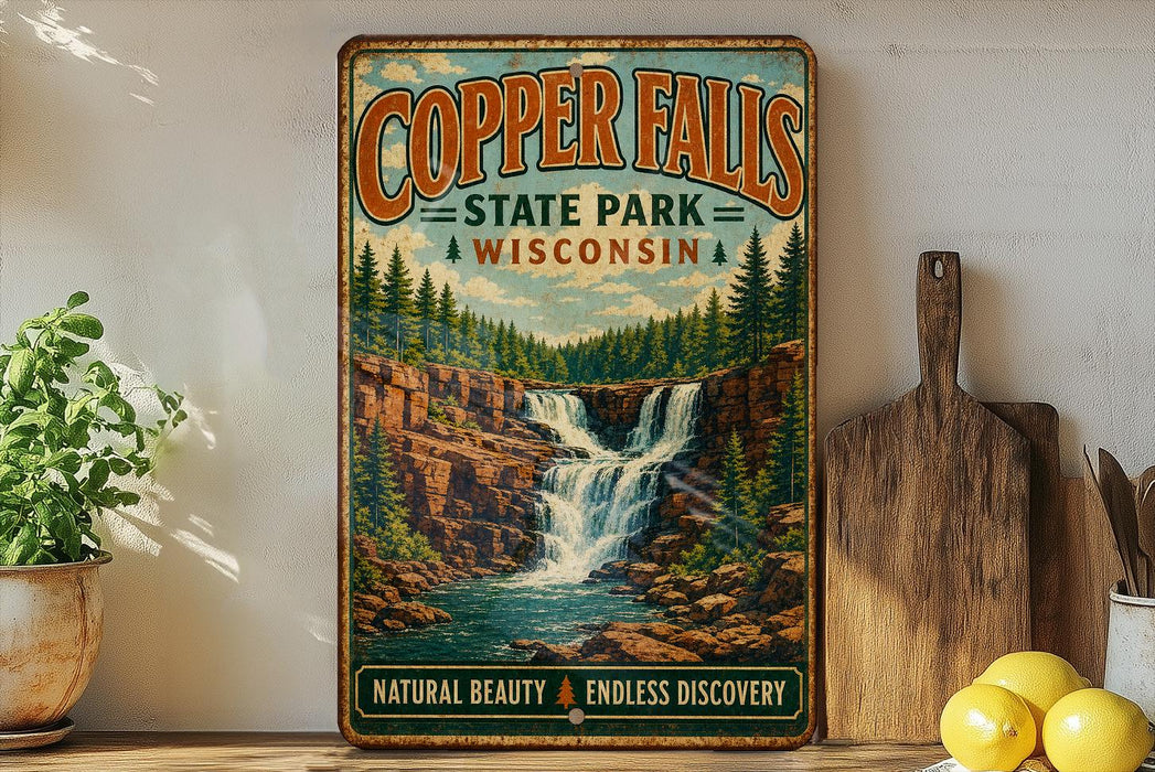 A vintage-style sign for Copper Falls State Park in Wisconsin, featuring a scenic illustration of a waterfall surrounded by pine trees and rocky cliffs.