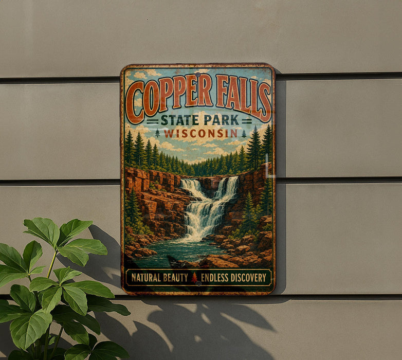 A vintage-style metal sign for Copper Falls State Park in Wisconsin, featuring a scenic illustration of a waterfall surrounded by pine trees.