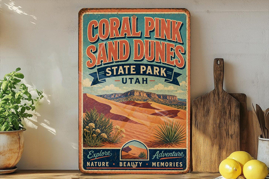 A vintage-style sign for Coral Pink Sand Dunes State Park in Utah, featuring a desert landscape with mountains and desert plants.