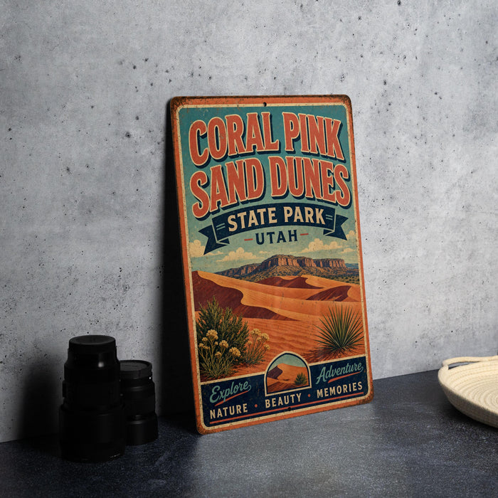 A vintage-style sign for Coral Pink Sand Dunes State Park in Utah, featuring a desert landscape with mountains and desert plants.