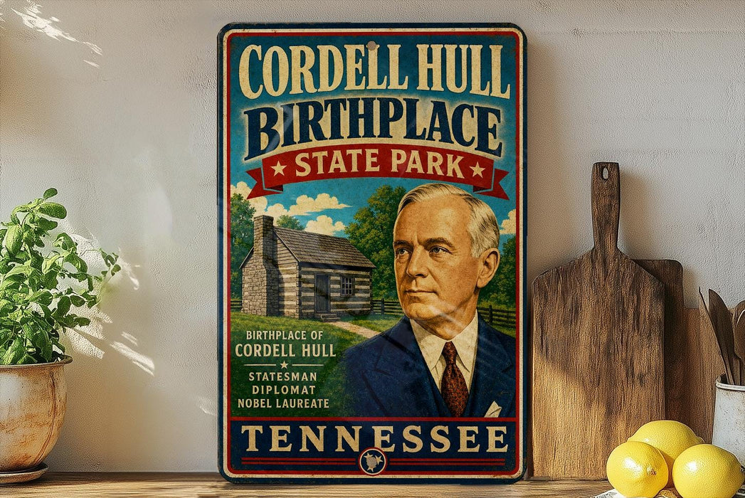 A vintage-style sign for Cordell Hull Birthplace State Park in Tennessee, featuring a portrait of a man in a suit and tie.