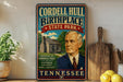 A vintage-style sign for Cordell Hull Birthplace State Park in Tennessee, featuring a portrait of a man in a suit and tie.