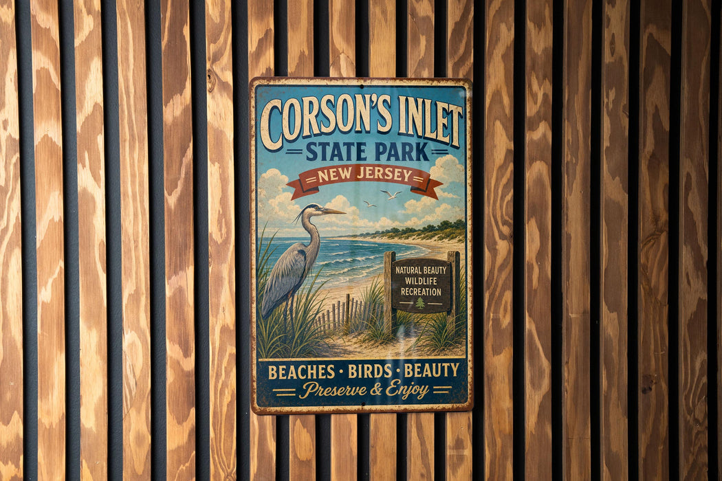 A vintage metal sign for Corson's Inlet State Park in New Jersey, featuring a seagull and a beach scene.